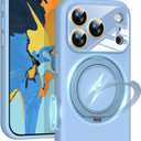 Silicone 360 Spin Magnetic Stand Case for iPhone 17 Pro, [Compatible with Mag-Safe][Reinforced Hard Camera Protection] Liquid Silicone Rubber Phone Case Cover with Ring, Camera Button, Sky Blue