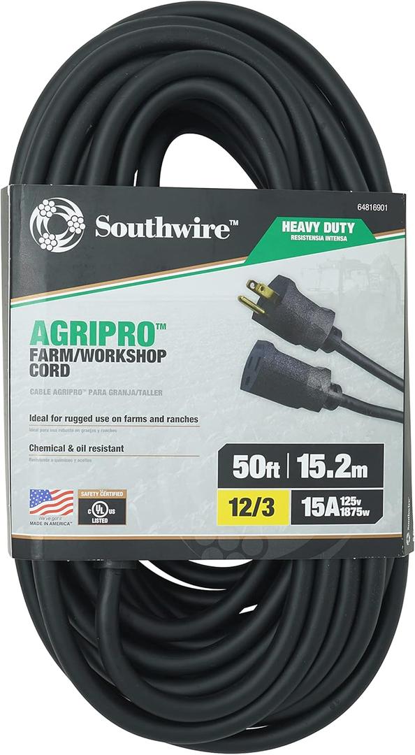 Southwire AGRIPRO Heavy Duty Extension Cord, 50Ft, 12 Gauge, 3 Conductor, Farm/Workshop Cord SJTOW, Black, 64816901 Southwire AGRIPRO Heavy Duty Extension Cord, 50Ft, 12 Gauge, 3 Conductor, Farm/Workshop Cord SJTOW, Black, 64816901