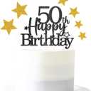 2 x Glittery 50th Happy Birthday Cake Topper with Star,Personalised 50 Birthday Cake Toppers Party Decorations Party Supplies for Men Women Black Gold