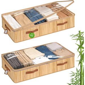 Livole Bamboo Under Bed Storage, 6 inches Underbed Storage Containers, 56L XXL Under Bed Storage Bins with Clear Lid & Label for Clothes, Blankets, Sweater, Shoes, 1 Pack