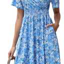 Womens Midi Floral Dress - Short Sleeve Wrap V-Neck Summer Dress with Smocked Waist - A-Line Spring Dress with Pockets (Blue, S)