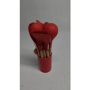 MIBOTE Silicone Cooking Utensils Kitchen Utensil Set - 446F Heat Resistant,Turner Tongs, Spatula, Spoon, Whisk, Wooden Handle Kitchen Gadgets with Holder for Nonstick Cookware Christmas (Red)