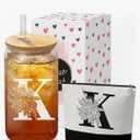 Custom Glass Cup & Makeup Bag Set  Personalized Gifts for Women, Initial 16 oz Glass Tumbler with Lid & Straw, Monogram Makeup Bag  Birthday Gifts For Women, Mother's Day Presents(N), Set of 2