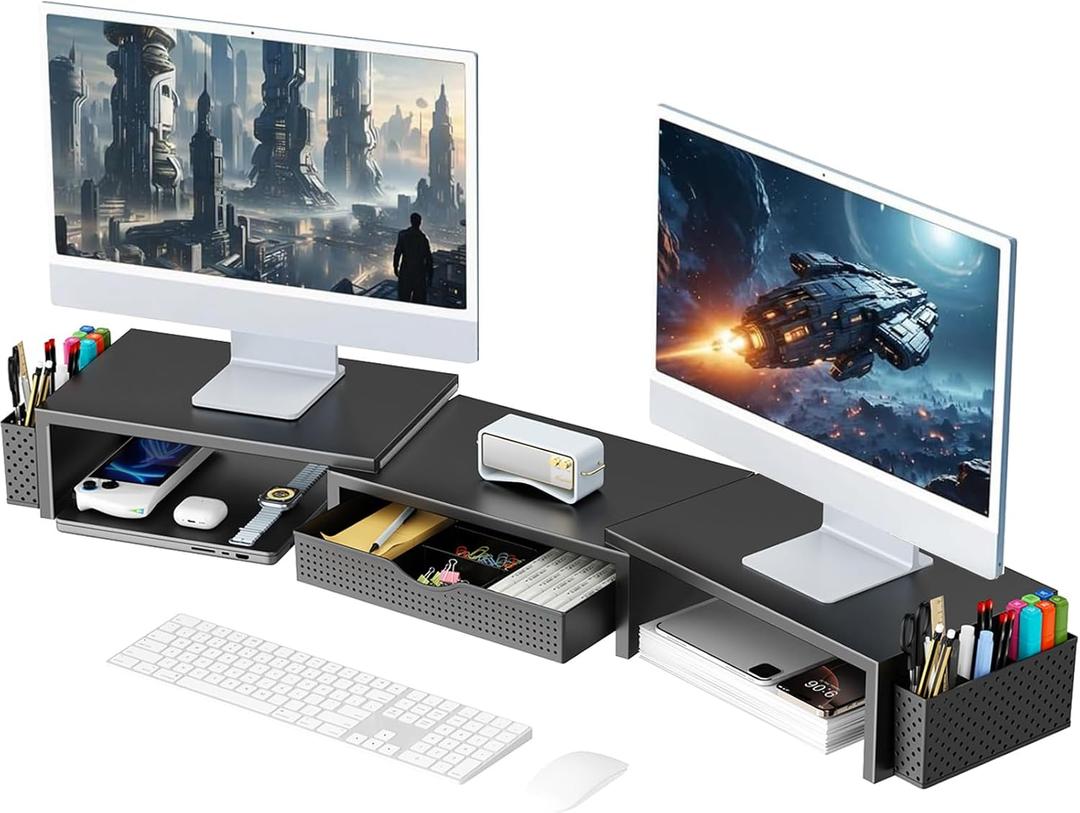 gianotter Dual Monitor Stand Riser, Desk Organizer With Drawer and 2 Pen Holders, Computer Monitor Stand, Shelf for Top of Desk, Black, L x W x H 40.6 x 9.3 x 4.3 inches