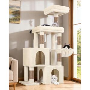 Globlazer Cat Tree Condo Tower for Multiple Indoor Cats, 52in Multi-Level Cat Scratching Tree with Cat Condos, 5 Sisal Scratching Posts, 2 Padded Perches, Big Haging Basket, Widened Base, S52, Beige