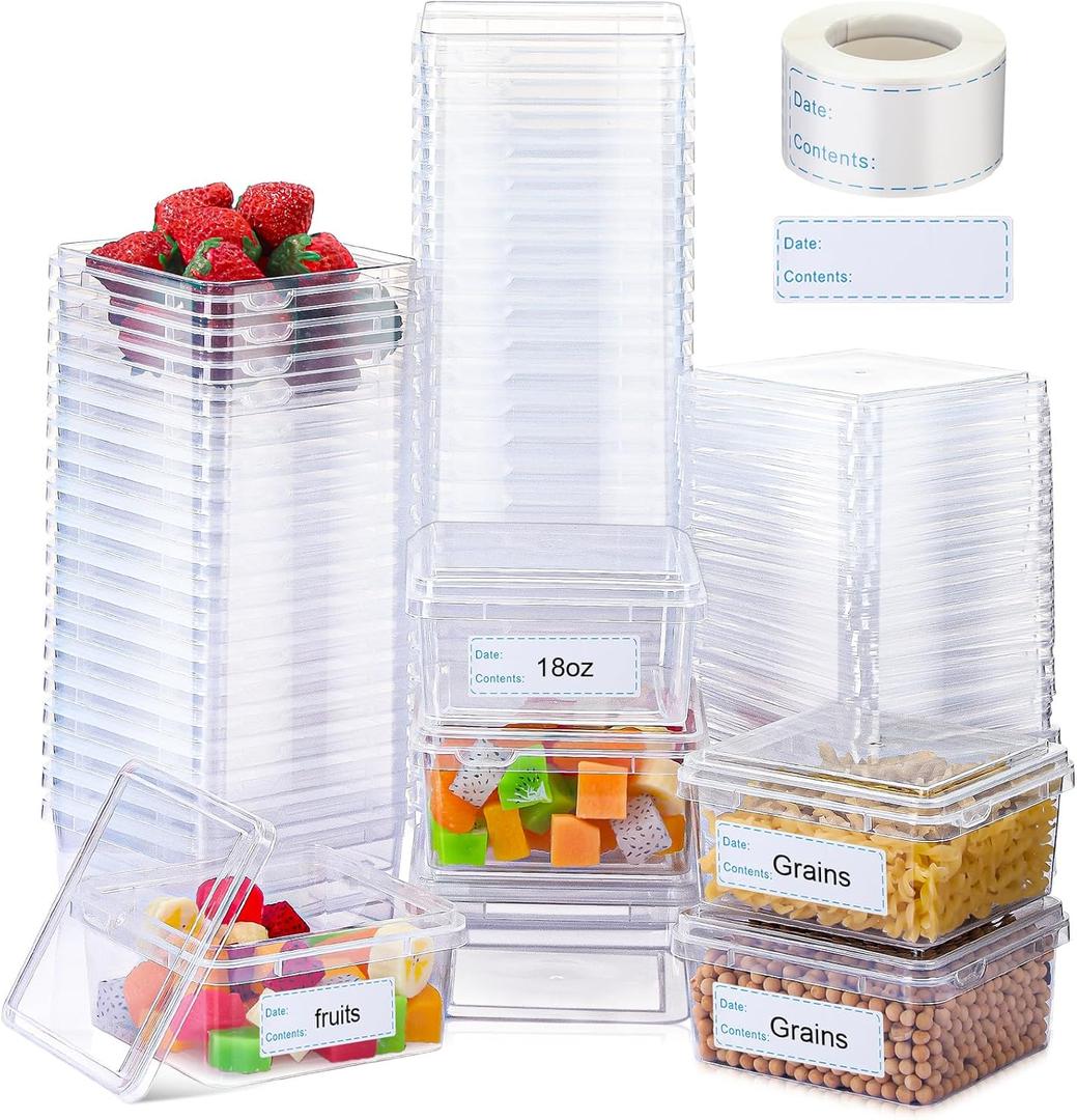18 oz 50 Pack Small Square Deli Containers with Lids Plastic Freezer Food Reusable Meal Dessert Ice Cream Containers with Labels for Takeout Meal Storage Microwave Freezer Safe(Clear)