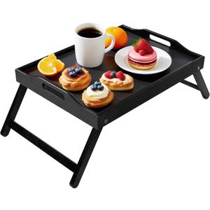 Bamboo Bed Tray Table with Foldable Legs & Handles - Portable Breakfast Table, Serving Eating Working & Laptop Desk for Bed and Sofa - Black