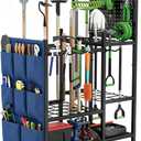 Garden Tool Organizer with Pegboard, Yard Tool Holder Standing for Garage Organization, Up to 30 Long-Handled/10 D-Handled Tools/Rake/Broom/Shovel/, with Side Storage Pocket