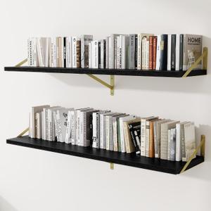 Deep Wall Shelves 55"W x 12"D Engineered Wood Floating Shelves for Wall, Sturdy Metal Bracket(Gold) Bookshelves Home Decor Storage for Living Room Bedroom Bathroom Kitchen, Set of 2, Black Finish