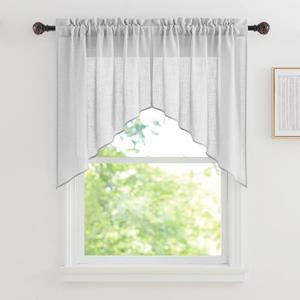 RYB HOME Linen Textured Wave Pattern Sheer Valance Curtains, Contemporary Semi Voile Tier and Swag Set for Kitchen Cafe Bedroom, Dove Grey, 36 x 36 inches Long, 1 Pair