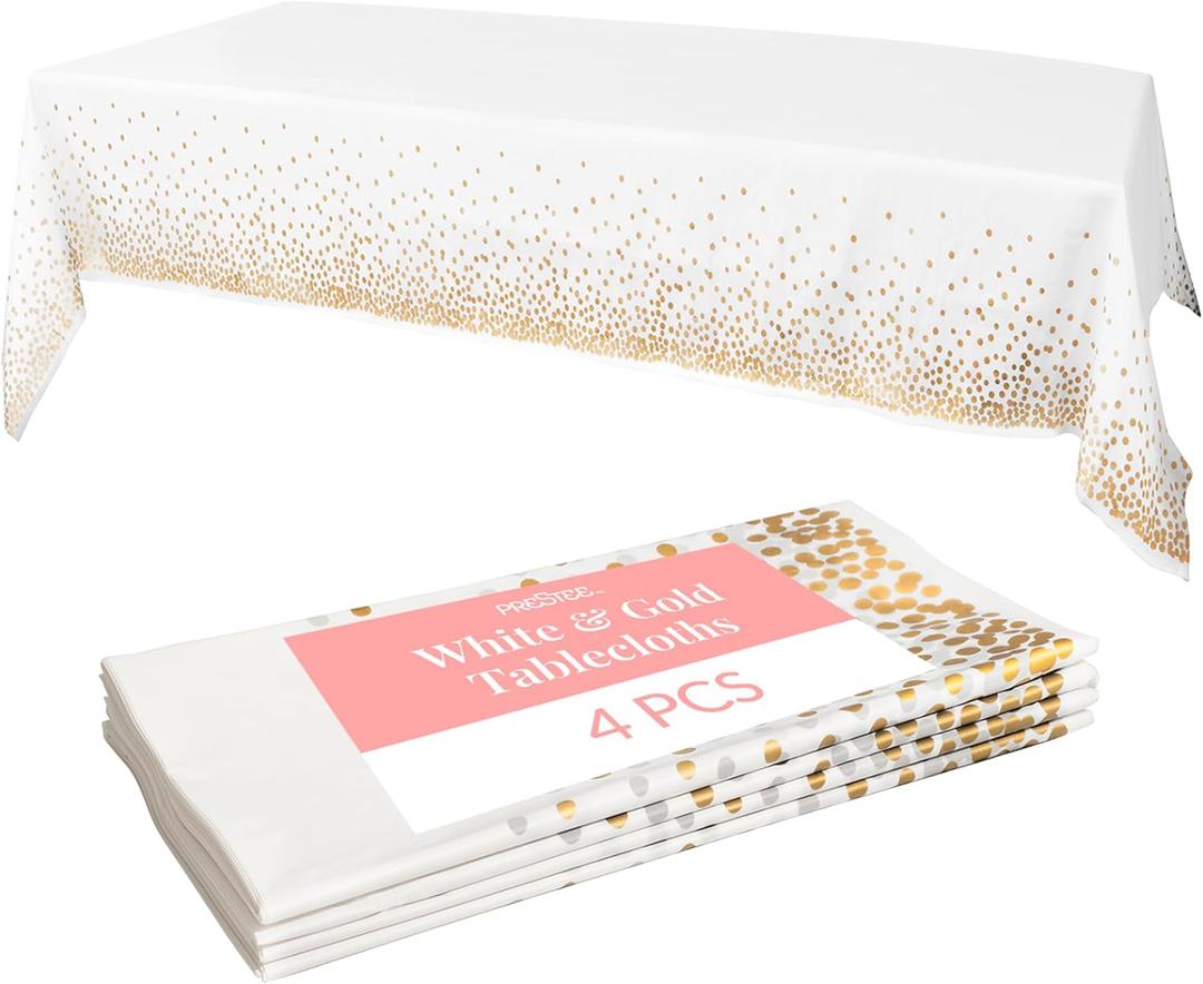 Prestee White and Gold Tablecloths, 4pk, 54x108 Inches - Party Table Cloths Disposable - Gold Dot Disposable Tablecloths - Plastic Table Cloth - Engagement Party Decorations, Baptism Decorations (Rectangle (4 Pack))