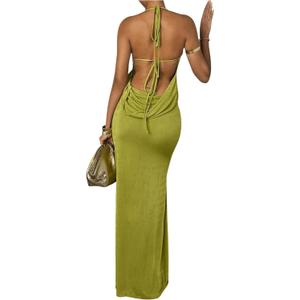 SOLY HUX Women's Backless Bodycon Maxi Dress Halter Draped Sleeveless Party Club Long Dresses Pure Green Medium