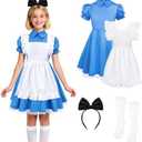 Cardkiss Halloween Costumes for Girls Blue Princess Dress with White Apron, Bow Headband and Socks, Size 150
