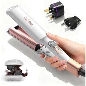 Travel Mini Waver Hair Tool Crimper for Women 0.4 inch Small Double Barrel S Waver Curling Iron Dual Voltage (110-240V) with European Plug Adapter, 5 Temps, Anti-scalding, Auto-Off (White)