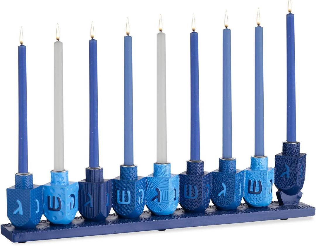 Rite Lite Blue Dreidels Menorah Modern Hanukkah Centerpiece Jewish Holiday Party Favor Decor | Resin Fits Most Chanukah Candles, Elegant Judaica Dcor Festival of Lights Hostess Gifts 11.50" H