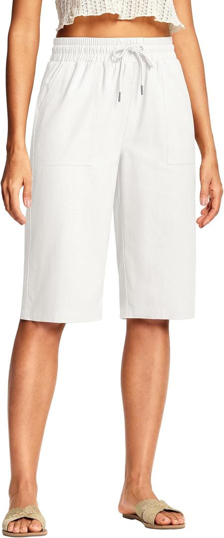ISEEGZ 14" Linen Capri Pants for Women High Waisted Wide Leg Long Shorts with Pockets for Business Casual Beach Summer, 