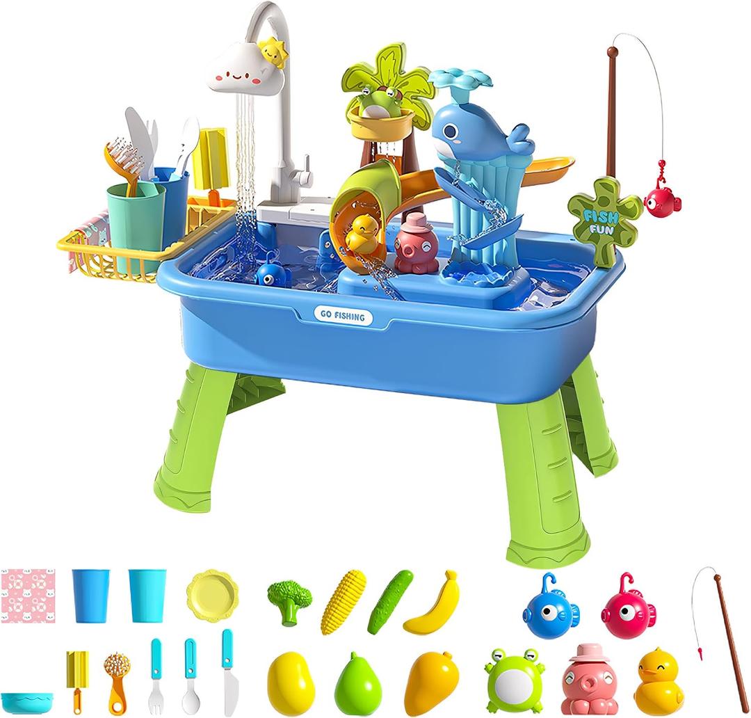 Upgraded Toddler Sand Water Table Toy with Electric Water Pump, Kids Sand Water with Faucet/Play Food Accessories/Fishing Toy, Kitchen Play Sink Toys for Girl Boy Age 3+