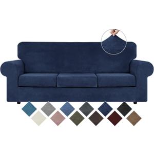 WEERRW 4 Pieces Velvet High Stretch Couch Covers for 3 Cushion Couch Sofa Slipcovers, Washable Furniture Protector with Non Slip Elastic Bottom, Feature Soft and Thick Plush Fabric, Navy Blue, Large