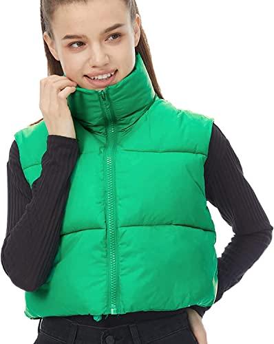 HAOZHIYU Women's Winter Outerwear Vests Crop Puffer Vest Lightweight Sleeveless Padded High Stand Collar Jacket (Green, M)