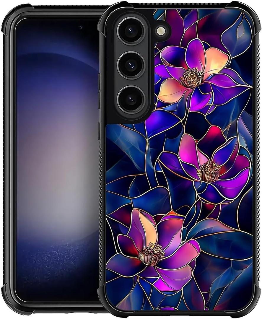 Compatible with Samsung Galaxy S23 Case,Stained Glass Purple Flower Four Corner Airbag Case for Samsung Galaxy S23,Christmas Drop Protection Corner