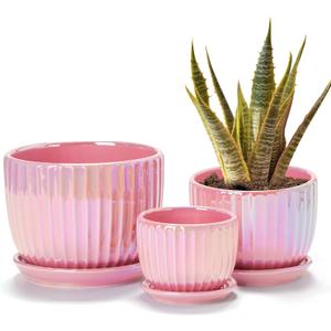 Ton Sin Pink Gold Ceramic Flower Pots, 4"+5"+6" Inch Small Glazed Succulent Planters with Drainage Hole,Modern Indoor Decorative Plant Pots Set of 3,Garden Pots with Saucer