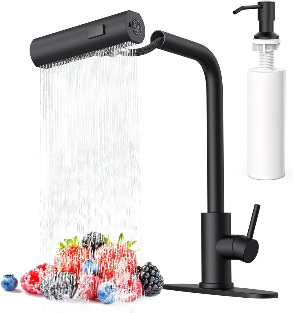Matte Black Waterfall Kitchen Faucets with Pull Down Sprayer & Soap Dispenser, Single Hole & Handle, Pull Out Tap, Stainless Steel Sink Faucet, Suitable for Farmhouse Camper Laundry Rv Bar