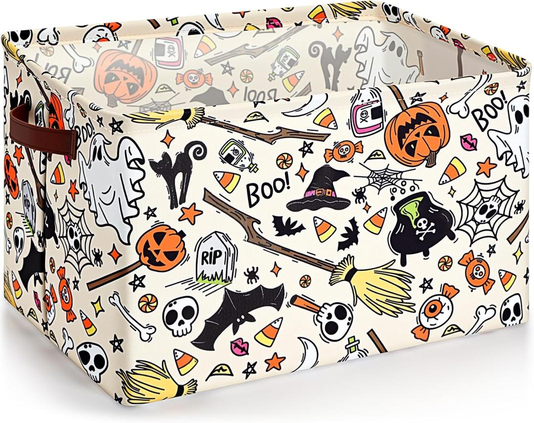 Halloween Ghost Basket with Handles Boo Pumpkin Bat Horror Storage Bin White Spooky Large Foldable Toy Laundry Storage for Halloween Room Car Decoration Bucket Laundry Box (14.96 x 10.63 x 9.45 inches)