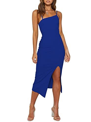 OWIN Semi Formal Dresses for Women Spaghetti Straps Bodycon Midi Dress Elegant Cocktail Party Dress Royal Blue M