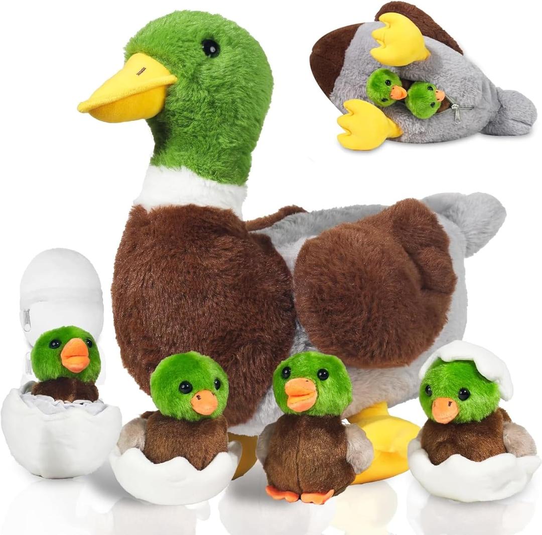 7 in 1 Mallard Duck Stuffed Animals Plush Toys, 12 Zippered Mommy Stuffed Duck with 4 Baby Ducklings and Eggs Green Duck Plushies Pillow for Kids Birthday Christmas Farm Party Decor