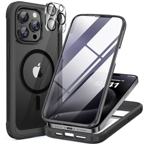 Miracase Magnetic for iPhone 15 Pro Max Case 6.7'' [Compatible with Magsafe] Full-Body Drop Proof Bumper Phone Case for iPhone 15 Pro Max with Built-in 9H Tempered Glass Screen Protector,Black, (Only Case)