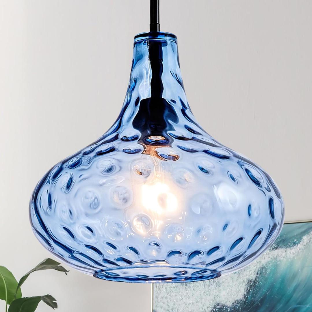 CATINER 11" Hand-Blown Blue Glass Pendant Light, Modern Hammered Glass Hanging Light Fixture with Black Finish, Adjustable Ceiling Pendant Lighting for Kitchen Island, Dining Room, Living Room