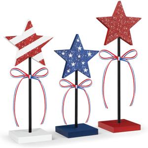 4th of July Tiered Tray Decor Wooden Star Set, 3 Pcs Memorial Day Table Decorations, Rustic Patriotic Tabletop Home Decor, Red White and Blue Decorations for Home (Shiny)