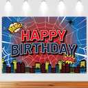 Spider Web Happy Birthday Backdrop, 180x120cm/71x47in Pre-Punched Polyester Banner for Kids Birthday Baby Shower & Party Decorations (Red, Blue)
