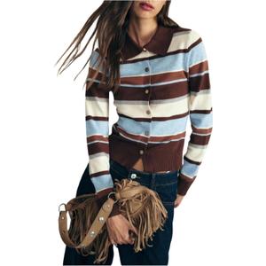 MakeMeChic Women's Striped Cardigan Color Block Button Down Collared Long Sleeve Knit Sweater (S)