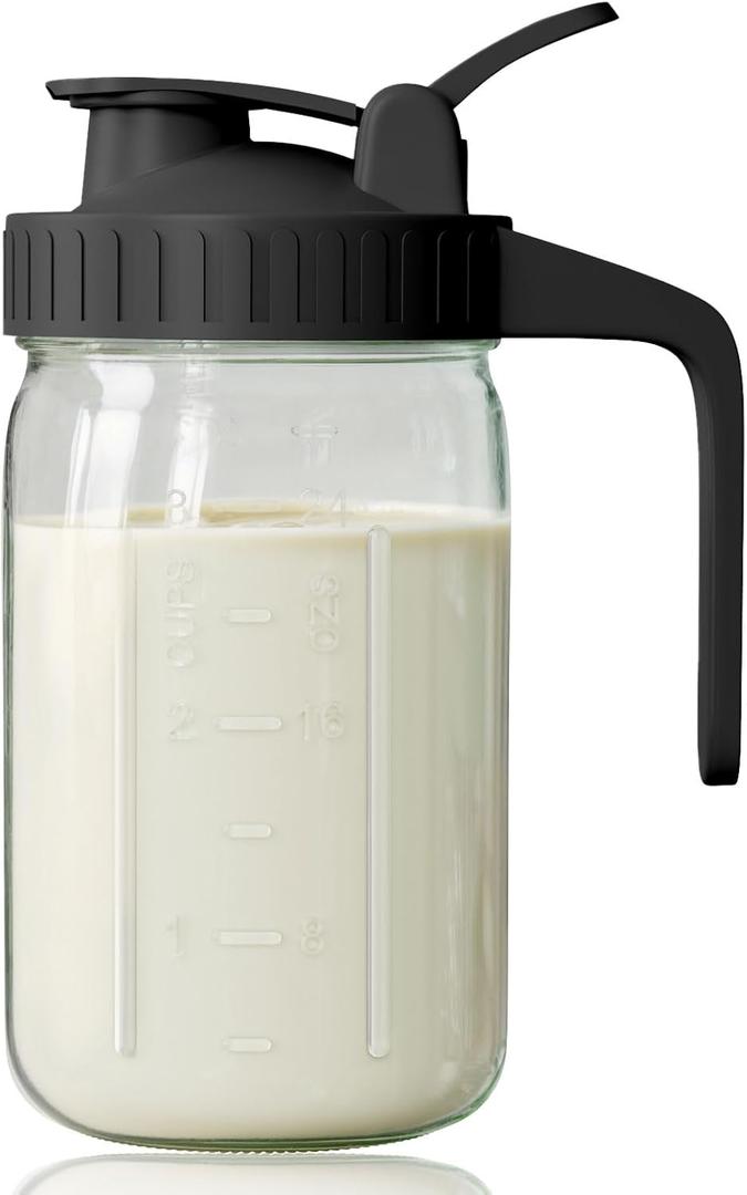 Breast Milk Pitcher, Mason Jar 32 oz, Wide Mouth Jar with Green Flip Cap Lid and Pour Spout, Heavy Duty Airtight Seal for Freshness and Convenience, Great for Cold Beverages and Home Entertaining (Black)