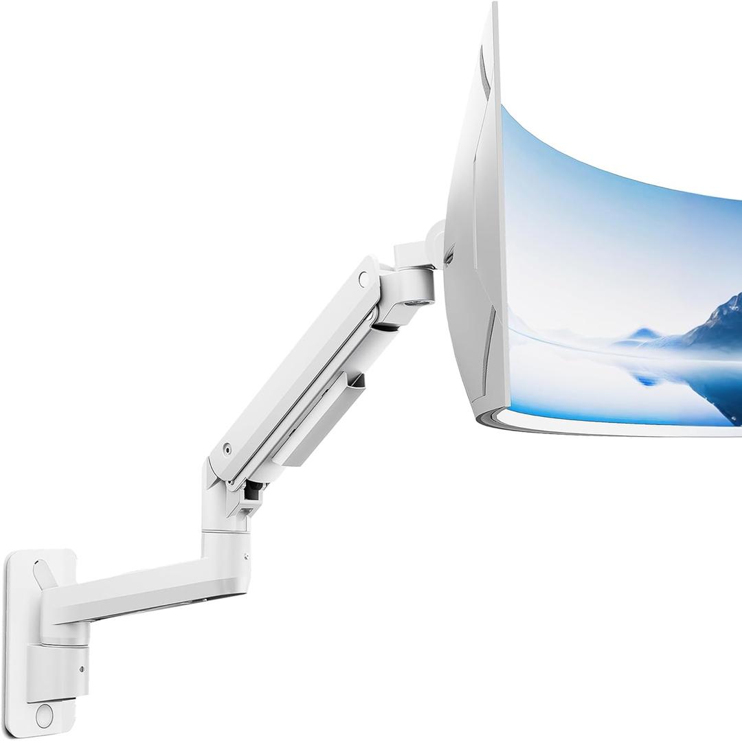 monTEK Ultra Wide Wall Mount Monitor Arm for 17-49 Inch Screens, Heavy Duty Single Monitor Mount up to 44 lbs, Fully Adjustable Gas Spring Wall Mount, 75x75/100x100 VESA Mount, White