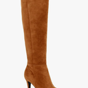 Coutgo Womens Wide Calf Knee High Boots Stiletto High Heel Pointed Toe Side Zipper Suede Long Boots Winter Shoes