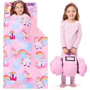 JOIEDOMI Toddler Sleeping Bag for Kids 55''x30'' Nap Mat with Removable Pillow and Minky Blanket for Toddler Ages 3-7 Roll Up Soft Kids Sleeping Bag for Boys Girls Kindergarten Daycare Sleepover (Pink Unicorn)