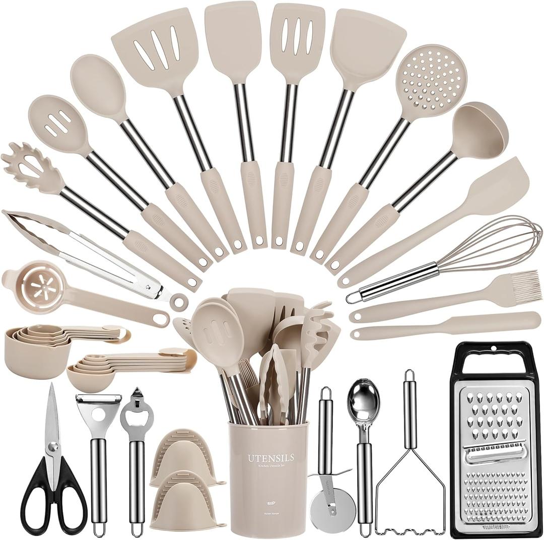 Cooking Utensils Set, 35Pcs Silicone Kitchen Utensils Set with Holder, 446F Heat Resistant Food Grade Spatula Set, BPA Free Kitchen Gadgets for Non-stick Cookware, Easy to Clean (Khaki)