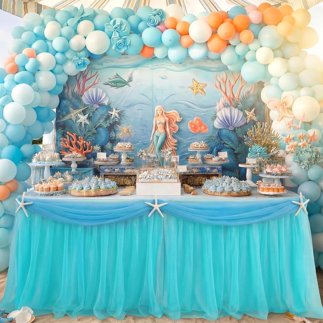 Flutesan 2 Pcs 9 ft Mermaid Tutu Table Skirt Tables Cloth Set Mermaid Tablecloth Table Decoration Ocean Theme Party Decorations for Under The Sea Baby Birthday Wedding Baby Shower