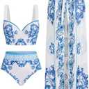 RoseSeek Women's 3 Pieces Bathing Suit Set Boho Graphic Bikini Set with Swimsuit Cover Ups Size Small