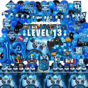 KOTLMIGHT 13th Birthday Decorations for Boys, 150Pcs Blue Video Game level 13 Party Supplies for Boy 13th Birthday - Backdrop, Banner, Balloons, Tablecloth, Centerpieces, Hanging Swirls, Wall Signs