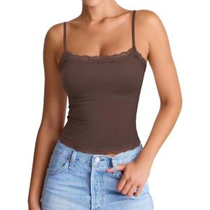 PINKMSTYLE Women's Sexy Square Neck Lace Cami Tank Tops Fitted Double Lined Sleeveless Crop Spaghetti Strap Summer Y2k Tops, Size: XL