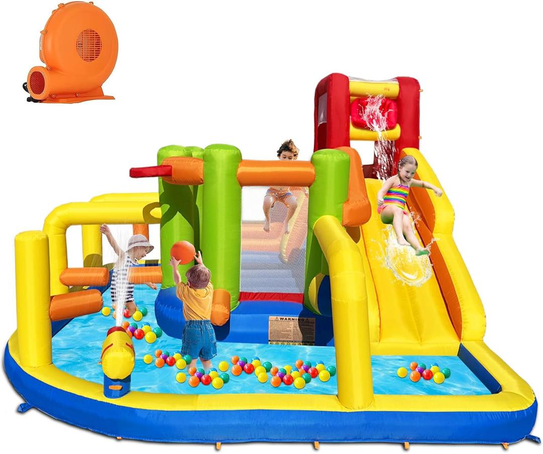 Umbalir Inflatable Obstacle Bounce House, Kids Bounce House Water Park with Water Slides, Surprise Dump Bucket, Obstacles,Jumping, Tunnels, Climbing,Water Cannon, and Ball Shooting Frame, 11' x 11.17' x 7.25'