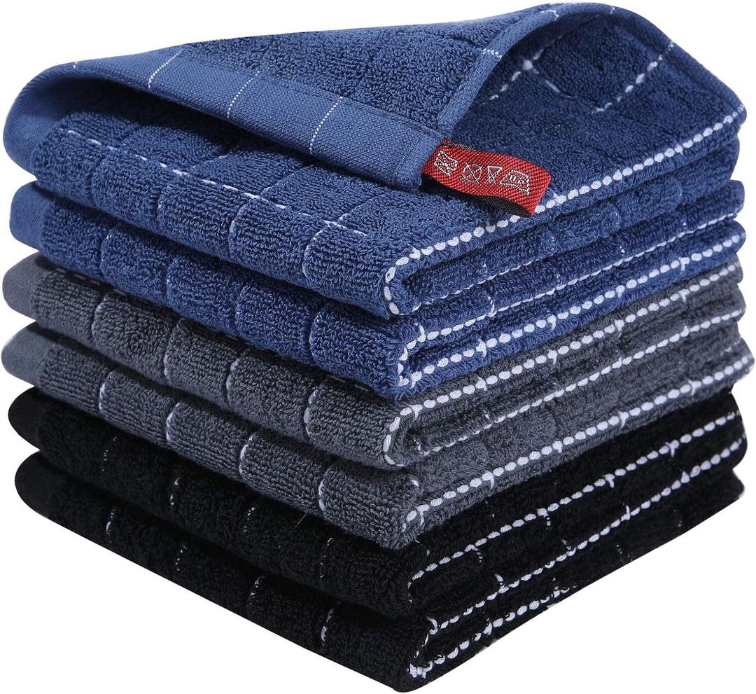 Homaxy 100% Cotton Terry Kitchen Dish Cloths, Ultra Soft and Absorbent Dish Towels for Kitchen, Suitable for Drying and Washing Dishes, 6 Pack, 12 x 12 Inches, Multiple Colour (Navy+grey+black)