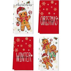 Artoid Mode Gingerbread Candy Merry Christmas Kitchen Towels Dish Towels, 18x26 Inch Holiday Holly Xmas Ball Winter Decoration Hand Towels Set of 4