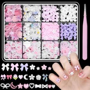 3D Pink Colors White Assorted Bows Flowers Pearls Nail Charms Heart Butterfly Blossom Bowknots Star Bows Pearls Acrylic Nail Art Charms for Manicure DIY Crafts Accessories 3PCS