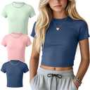Oakgarden 3 Pack Girls Shirts Short Sleeve Tops for Kids Summer Crop Tops Clothes for Girls Mock Turtleneck Tees 5-16 Y(9-10 Years,Haze Blue, Light Pink, Green)