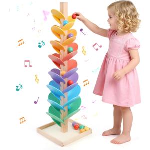Wooden Marble Run Music Tree for Kids Ages 3+ - Upgraded Easy Assembly with Built-in Nuts, Montessori Toys for Toddlers, Color Sorting Marble Ball Run & Musical Game for Boys Girls 4-8 (Standard01)