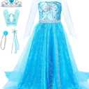 Girls Princess Elsa Dress Costume - Halloween Birthday Party Dress Up for Toddler Girl Kids (5-6 Years, Blue)
